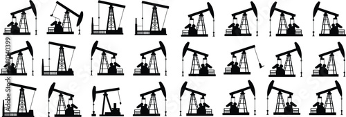 Oil pump jack icons, oil drilling rigs, energy industry symbols, oil extraction equipment, petroleum industry, oilfield machinery, black silhouette icons