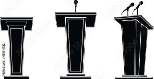 Podium with microphone, conference podium, speech stage, public speaking lectern, press briefing, debate podium, presentation stand, vector illustration