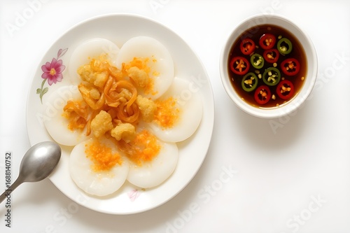 Bánh bèo- small steamed rice cakes are topped with crispy fried shallots, golden pork rinds, dried shrimp powder, and a drizzle of oil-Vietnamese traditional food from Hue city