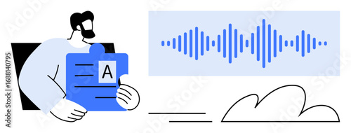 Professional holding document with textual content. Blue sound wave and cloud beside. Ideal for communication, data analysis, audio processing, technology, cloud storage, teamwork, simple flat