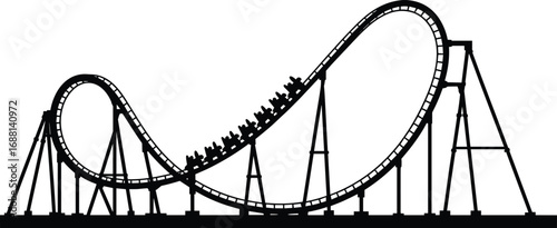 Roller coaster ride silhouette, thrilling amusement park attraction, adrenaline rush roller coaster, looping thrill ride, theme park fun, outdoor entertainment, excitement and 