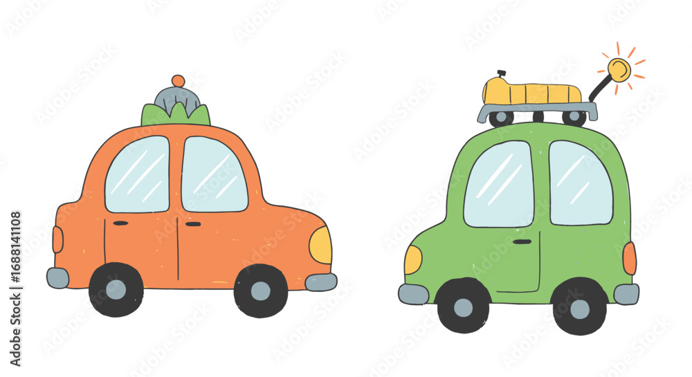 Fototapeta premium two colorful cars carrying luggage ready for travel adventure