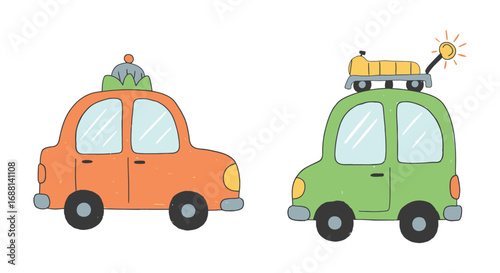two colorful cars carrying luggage ready for travel adventure