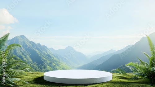 E-commerce product exhibition booth with natural scenery background