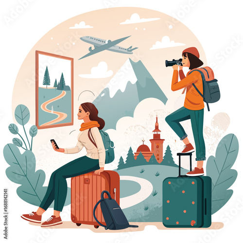 Vector art of two female travelers are depicted in a vector illustration, one taking pictures and the other using a phone, with luggage and an airplane in the sky