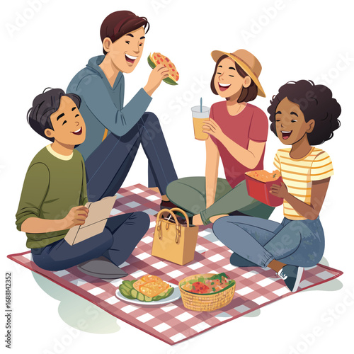 Vector art of group of diverse friends enjoying a picnic on a blanket, sharing food and drinks, laughing and talking in a sunny outdoor setting