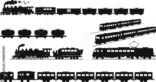 Vintage and modern train silhouettes, steam locomotive, freight train, passenger train, electric train, railway transport, black vector icons, train cars, train wheels, railroad vehicles