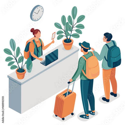 Vector art of travelers checking in at a hotel reception desk, woman receptionist holding a passport, vector illustration
