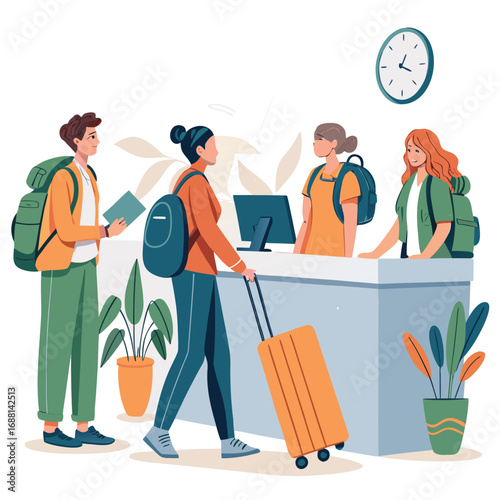 Vector art of travelers checking in at a hotel reception desk, woman with luggage, vector illustration, front view