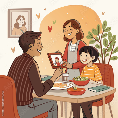 Vector art of a happy family is sitting at the table, the mother is showing a photo of their child to the father, creating a warm and loving atmosphere at home