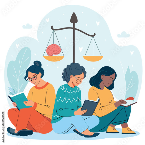 Vector art of diverse women reading books under scales balancing brain and heart, symbolizing the equilibrium between intellect and emotion, fostering mental wellness