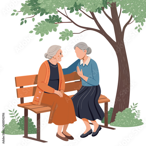 Vector art of a caring young woman offering solace to a grieving senior woman on a park bench, providing emotional support and companionship
