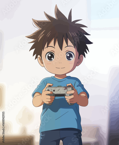 This image features a young boy with spiky hair joyfully playing a video game, displaying excitement and engagement in a cozy indoor setting, emphasizing youthful energy.