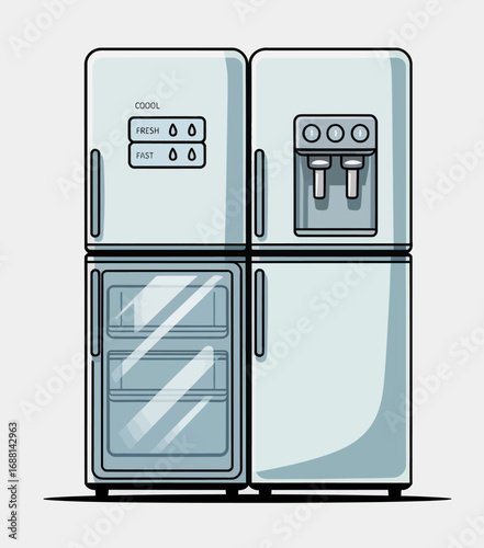 A sleek modern refrigerator featuring a water dispenser and multiple compartments, combined functionality and design for optimized food storage in contemporary kitchens.