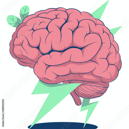 A vibrant brain illustration featuring lightning bolts and greenery symbolizes creativity, energy, and mental health, showcasing human intellect and emotional connection.