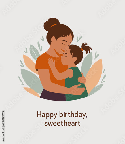 An illustration depicting a warm and affectionate embrace between a mother and child, surrounded by organic shapes that symbolize love, comfort, and familial bonds.
