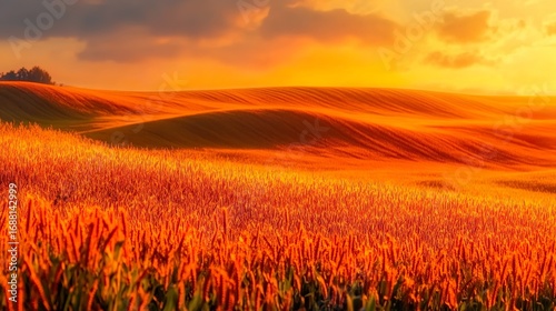 Autumn golden cornfield glowing under sunset sky, fall banner landscape with copy space and vibrant seasonal farming concept