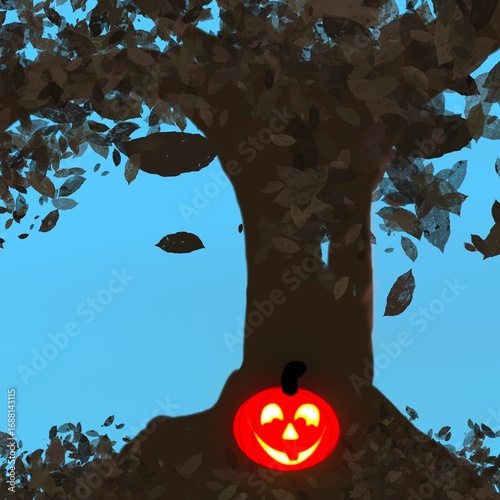 Glowing Halloween pumpkin with autumn tree and falling leaves.