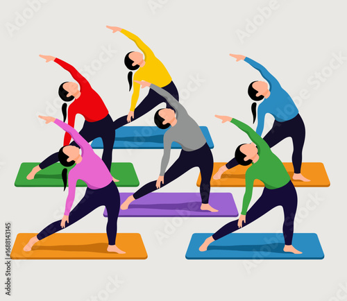 A visually striking illustration of multiple figures performing yoga poses on colored mats, showcasing diversity in practice and vibrant repetition of movement.