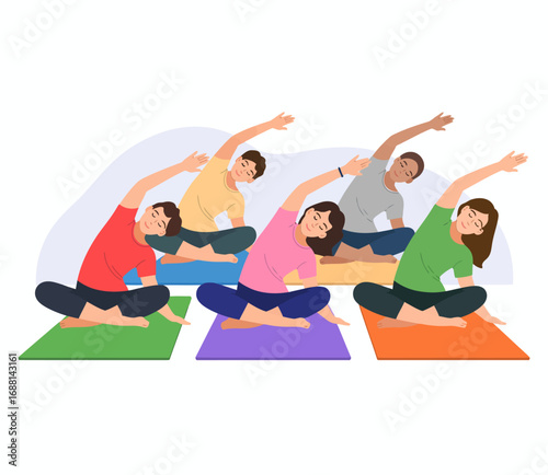 This vibrant image features a diverse group of individuals engaging in different yoga poses, emphasizing unity, flexibility, wellness, and the importance of physical health.