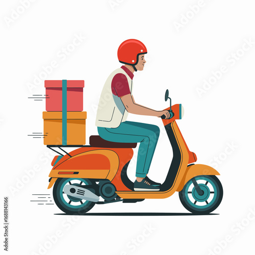 An illustration featuring a delivery rider on a scooter transporting packages, encapsulating the essence of speedy service and urban mobility within a vibrant scene.