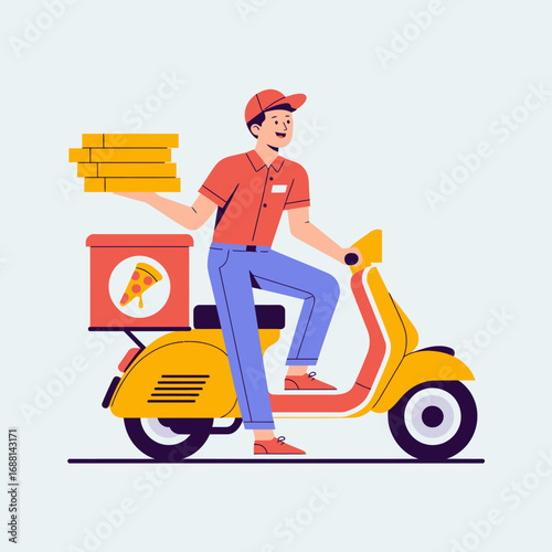 A happy pizza delivery rider on a bright yellow scooter, confidently balancing stacks of pizza boxes to represent efficient food delivery service in a vibrant city.
