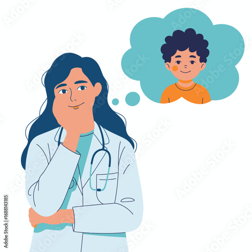 A thoughtful doctor reflecting on a young patient while displaying empathy and care, indicating the importance of pediatric health and well-being in a clinical setting.
