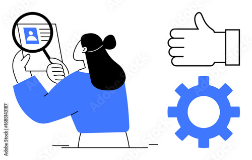 Woman examining a profile with magnifying glass, gear symbol representing process, and thumbs-up for approval. Ideal for recruitment, management, teamwork, evaluation, analytics, HR simple landing