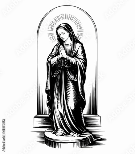 This illustration captures an elegant Virgin Mary in a praying stance, surrounded by an aura of light, representing hope, compassion, and deep spiritual connection to humanity.