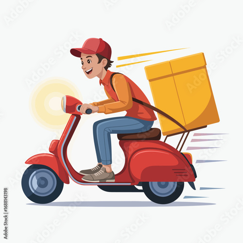 A cheerful delivery person riding a scooter, reflecting the dynamic and fast-paced nature of delivery services with a focus on speed and convenience in modern logistics.