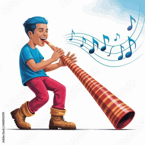 This lively image captures a boy joyfully playing a didgeridoo, showcasing vibrant colors and musical notes floating around, representing creativity and the joy of music.
