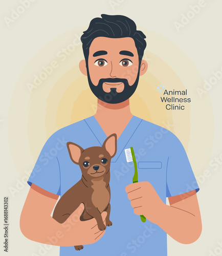 A veterinarian cheerfully holds a Chihuahua while displaying a toothbrush, emphasizing the importance of oral hygiene for pets in a friendly, inviting manner.
