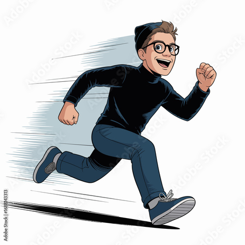 This dynamic illustration shows an energetic young boy running joyfully, wearing a stylish outfit with a beanie, capturing the essence of freedom and youthful excitement.