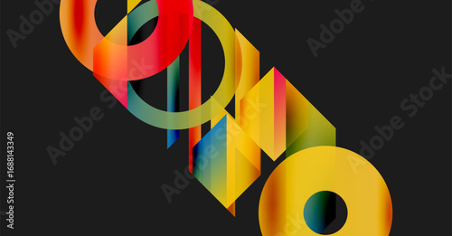 Abstract geometric shapes overlap, vibrant colors blend. Dynamic composition creates modern visual impact. Smooth gradients define forms.