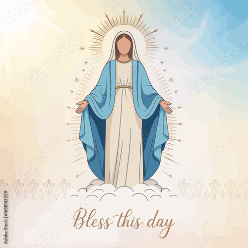 A serene depiction of a figure with outstretched arms, inviting blessings and positivity, creating a sense of peace and inspiration in a beautiful setting with rays of light.