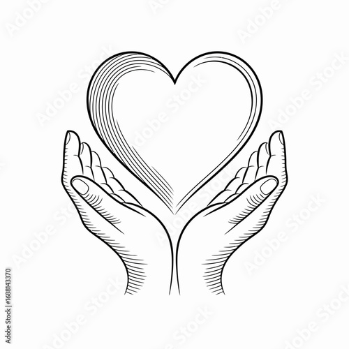 This beautiful illustration portrays hands cradling a heart shape, emphasizing themes of love, empathy, and emotional support in a contemporary artistic style, reflecting human connections.