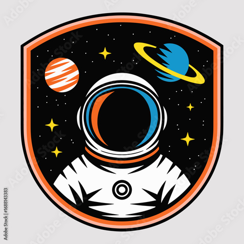 An eye-catching design of a retro-style astronaut badge, highlighting a space theme with planets, stars, and an astronaut, evoking feelings of curiosity and exploration.