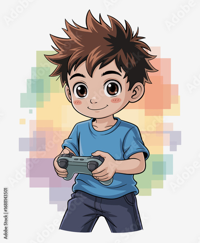 This animated image depicts a stylish young boy holding a game controller, illustrating a fun and engaging moment in gaming, representing joyfulness and carefree childhood excitement.
