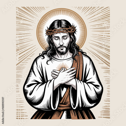 This artwork portrays Jesus in deep prayer, crowned and reflective, embodying steadfast faith, emotional depth, and serene devotion against a beautifully highlighted background.
