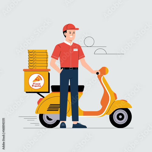 A cheerful pizza delivery rider standing next to a yellow scooter, presenting pizza boxes, capturing the essence of friendly service and culinary joy in urban settings.