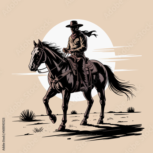 A lone cowboy rides a horse across a picturesque landscape illuminated by a vibrant sunset, capturing the essence of adventure and freedom in the wilderness.