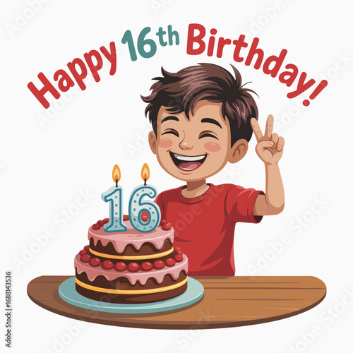 A joyful boy celebrating his 16th birthday, with a colorful cake adorned with candles, displaying excitement while giving a peace sign in a fun party atmosphere.
