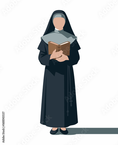 A nurse in religious attire stands holding a book, representing faith and care in a healthcare setting, reflecting the blend of spirituality and nursing through elegant visuals.