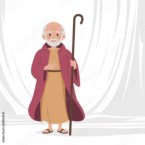 A gentle elder stands with a staff, showcasing a warm smile that reflects kindness and wisdom, inviting viewers to appreciate the beauty of age and storytelling through expression.