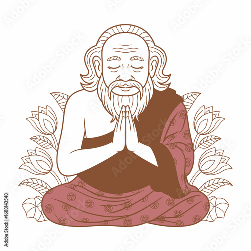 This image showcases a serene figure in meditation, hands in prayer position, surrounded by stylized leaves and floral patterns, representing inner peace and spirituality.