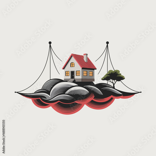 A whimsical illustration of a house suspended over stylized clouds, evoking themes of dreaminess and tranquility in a fantastical setting of serenity.