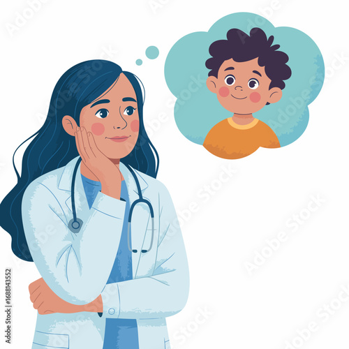 A physician deep in thought about a child patient, showcasing a caring attitude towards children’s health through reflective facial expressions and professional attire.