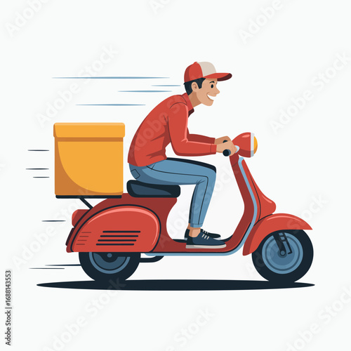 An energetic delivery person on a scooter, capturing the essence of speedy delivery services in urban environments with a warm, inviting color palette and cheerful expression.