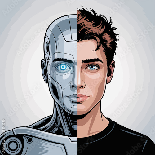 This captivating image blends a metallic robot design with a human face, emphasizing the merging of human traits and technological advancement in modern art.