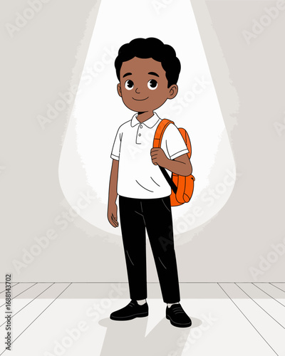 A stylish young boy stands confidently under a spotlight, showcasing a trendy outfit with a backpack, symbolizing readiness for new educational experiences.